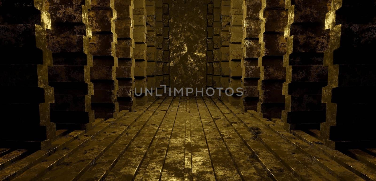 Rusty Metal Grain, Old Tunnel or Hallway Concept Style Abstract Background 3D Render Illustration