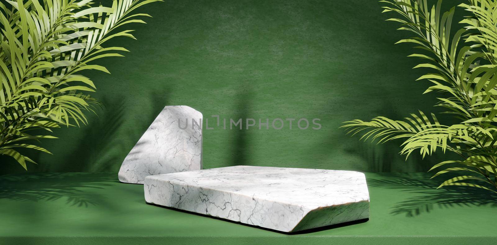 White Marble Stone Podium For Product Presentation Concept. Green Wall Background Tropical Leaves. 3D Illustration by yay_lmrb