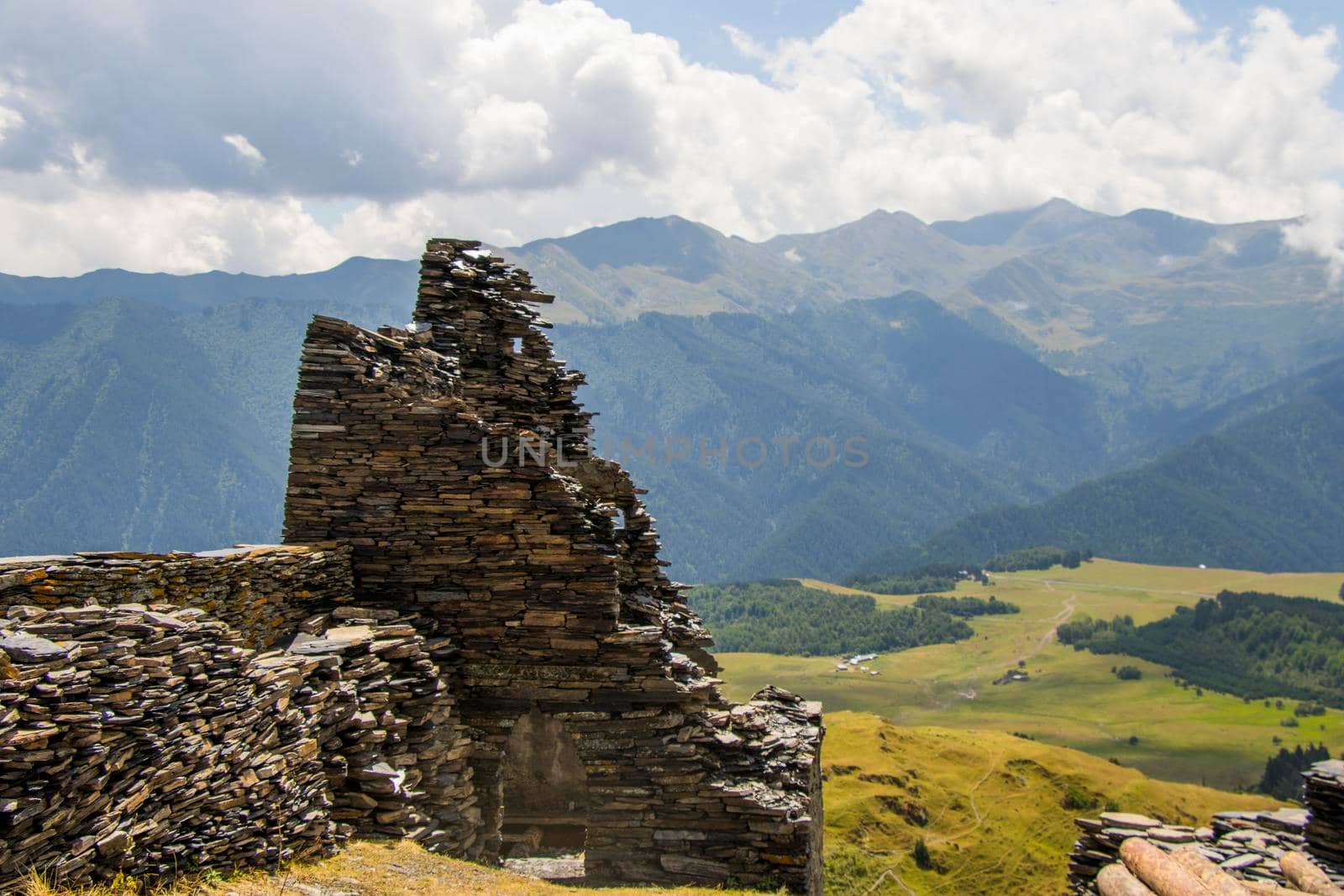 Keselo towers in Omalo village, Tusheti, Georgia. Old stones towers, touristic place