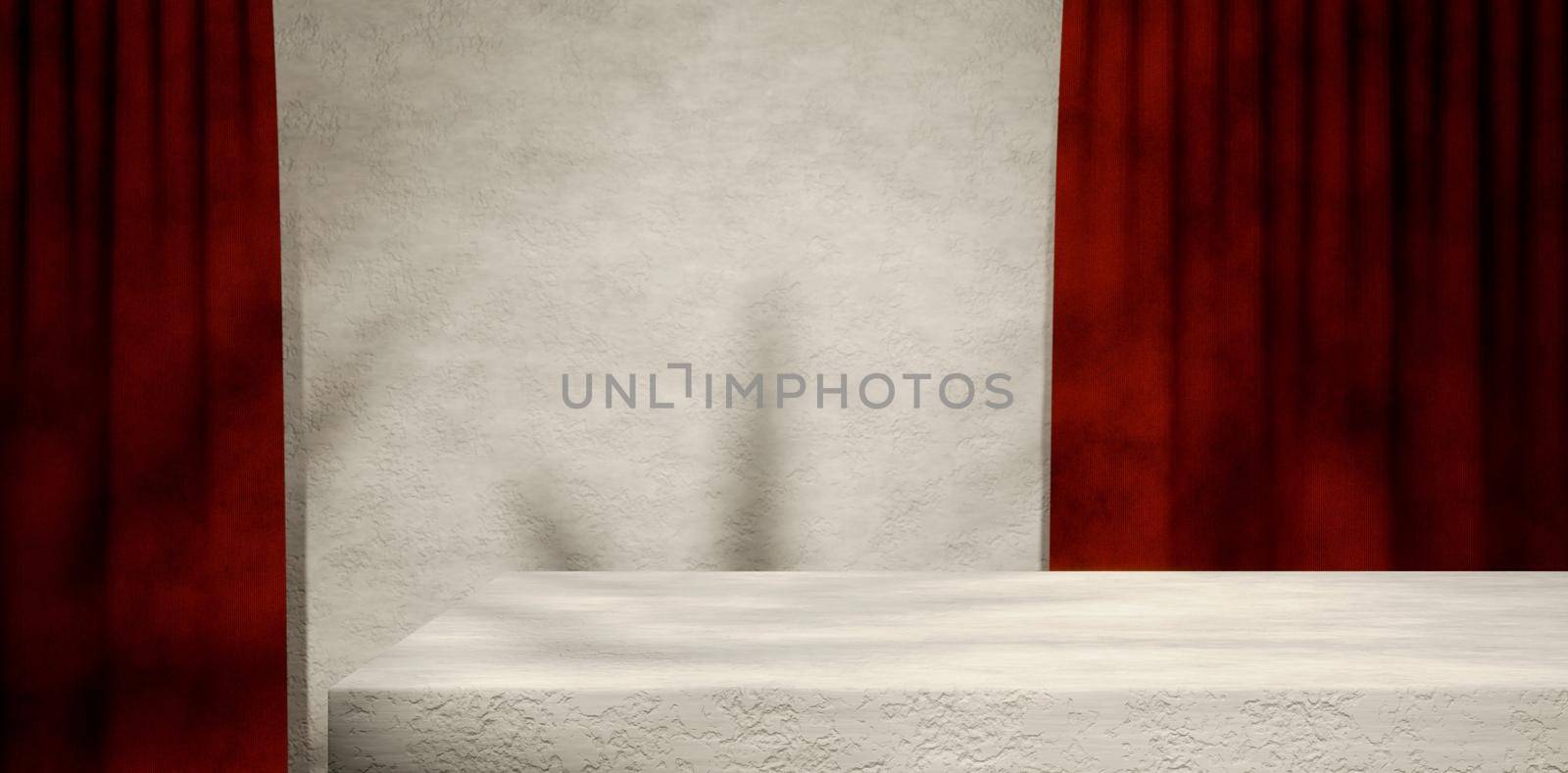 Use To Display And Promote Products. 3D Illustration Rough Texture White Paint Wall Background And Table Top With Red Curtain. by yay_lmrb