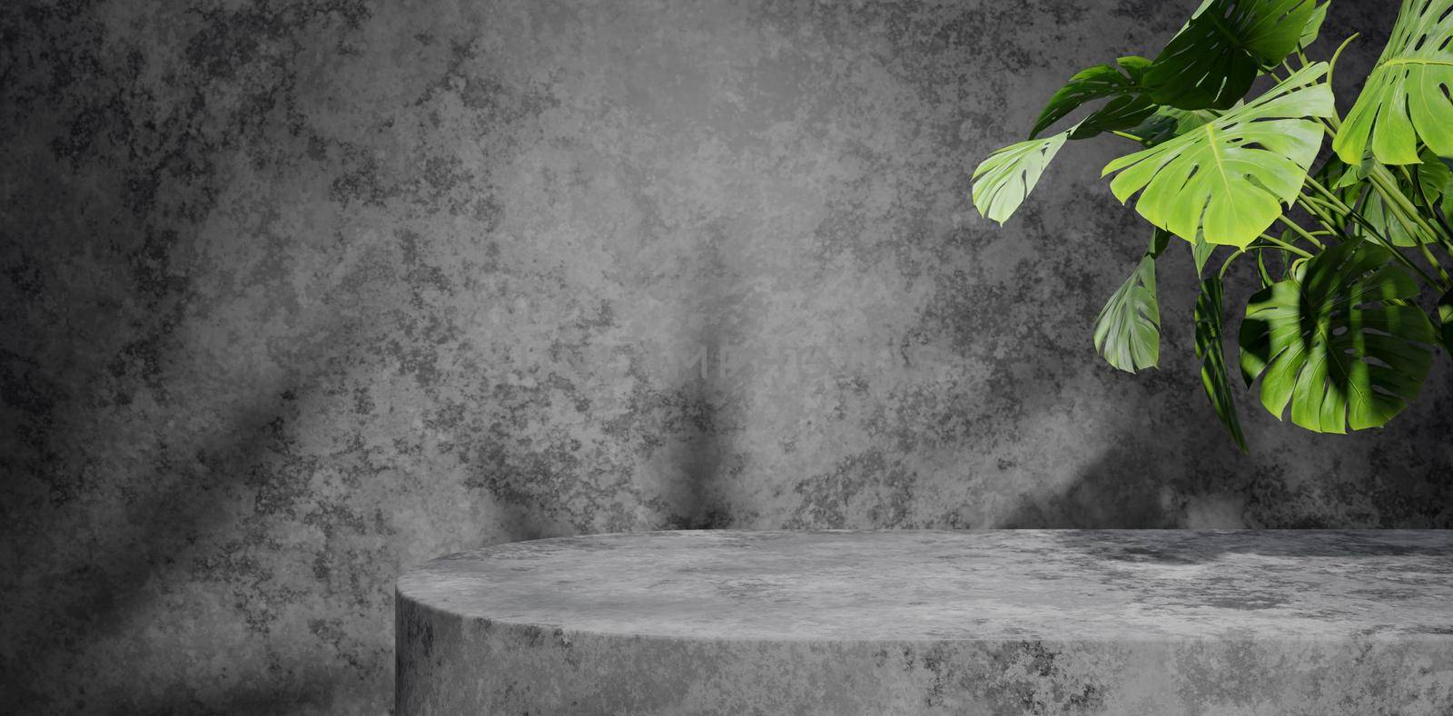 3D Render Illustration Of Gray Marble Texture Podium And Background Display With Tropical Leaf Shadow Green Plant