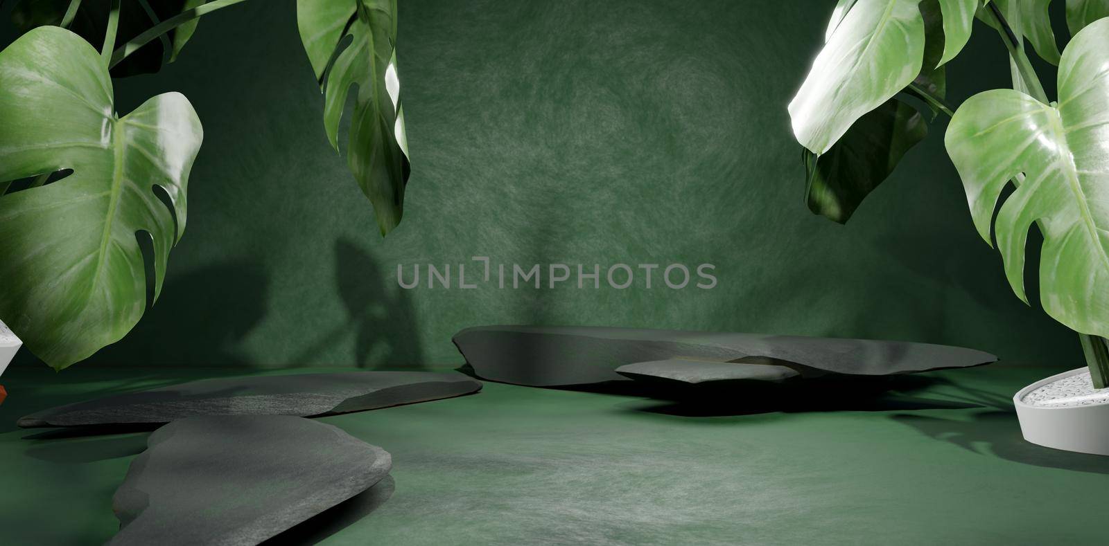 For Products Branding And Packaging Display. 3D Render Illustration. Green Background With Black Stone Podium And Tropical Leaves Design.