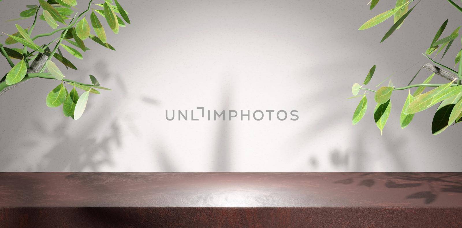 Empty Red Stone Table Top For Brand Exhibit. Abstract Plain Wall Background With Tropical Leaves On the Side And Shadow Leaf Effect. 3D Render