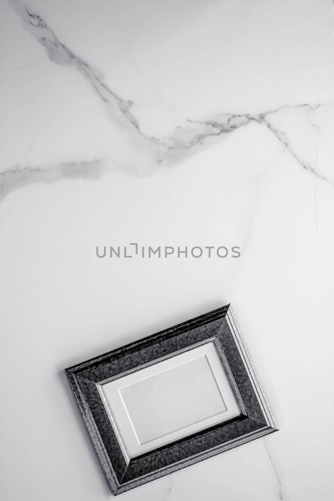 Photo album, artwork mock up, vintage design concept - Black wooden frame on marble, flatlay