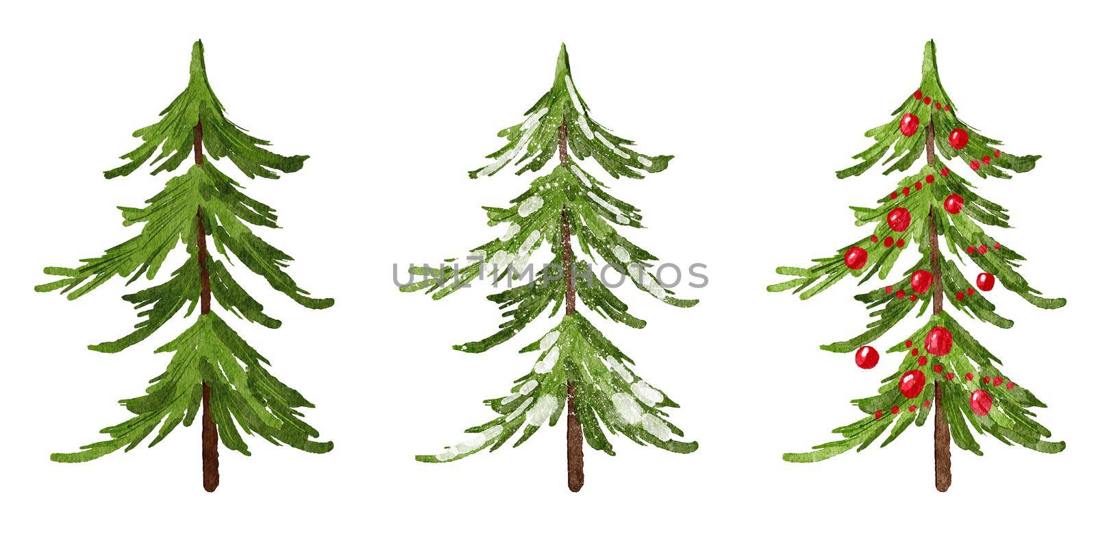 Watercolor hand drawn illustration of Christmas tree. Winter new year evergreen fir pine spruce plant. December season celebration design, holiday party print for invitations cards, isolated on white background. by Lagmar