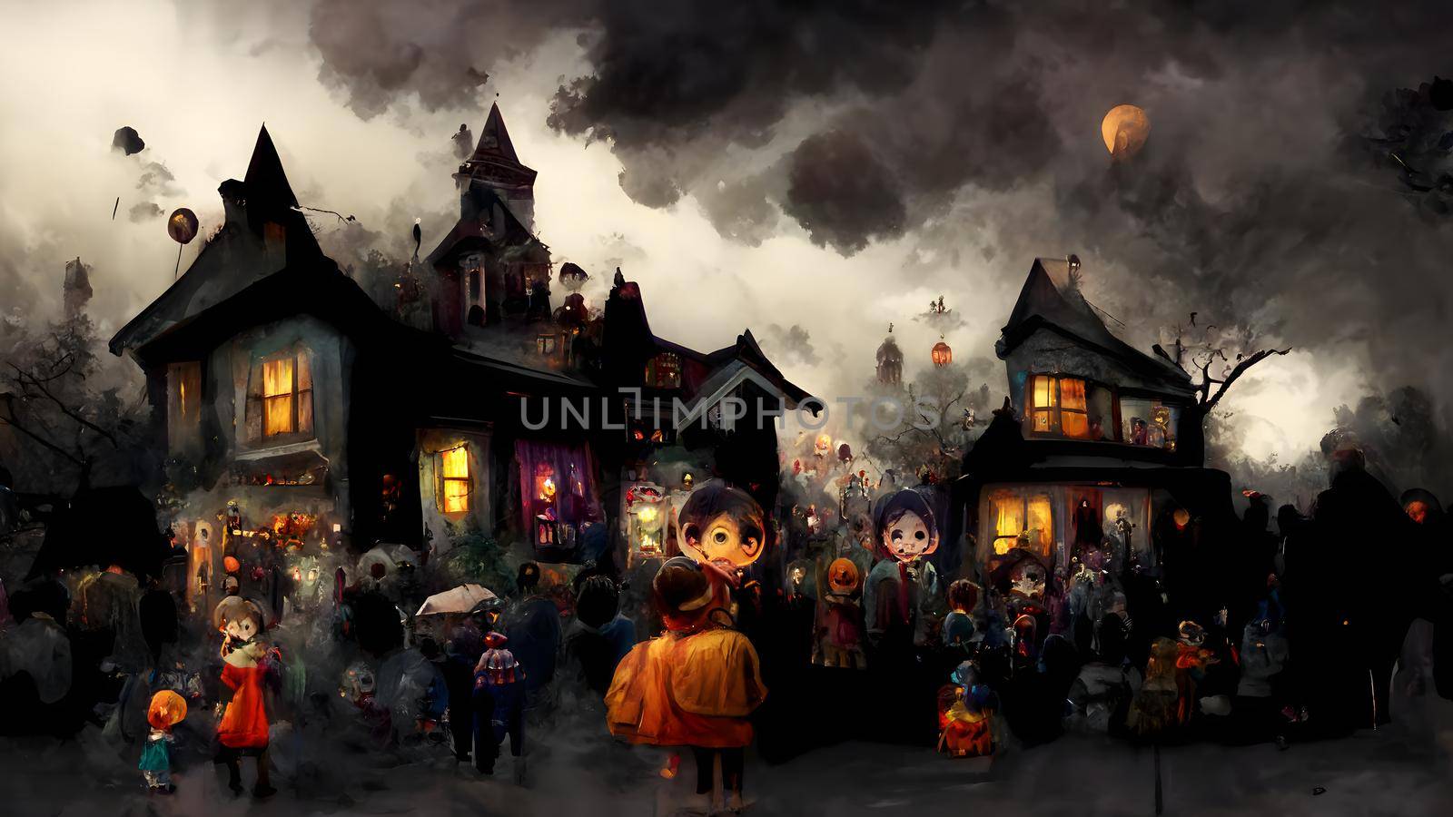 kids playing on night halloween street, neural network generated image. by z1b