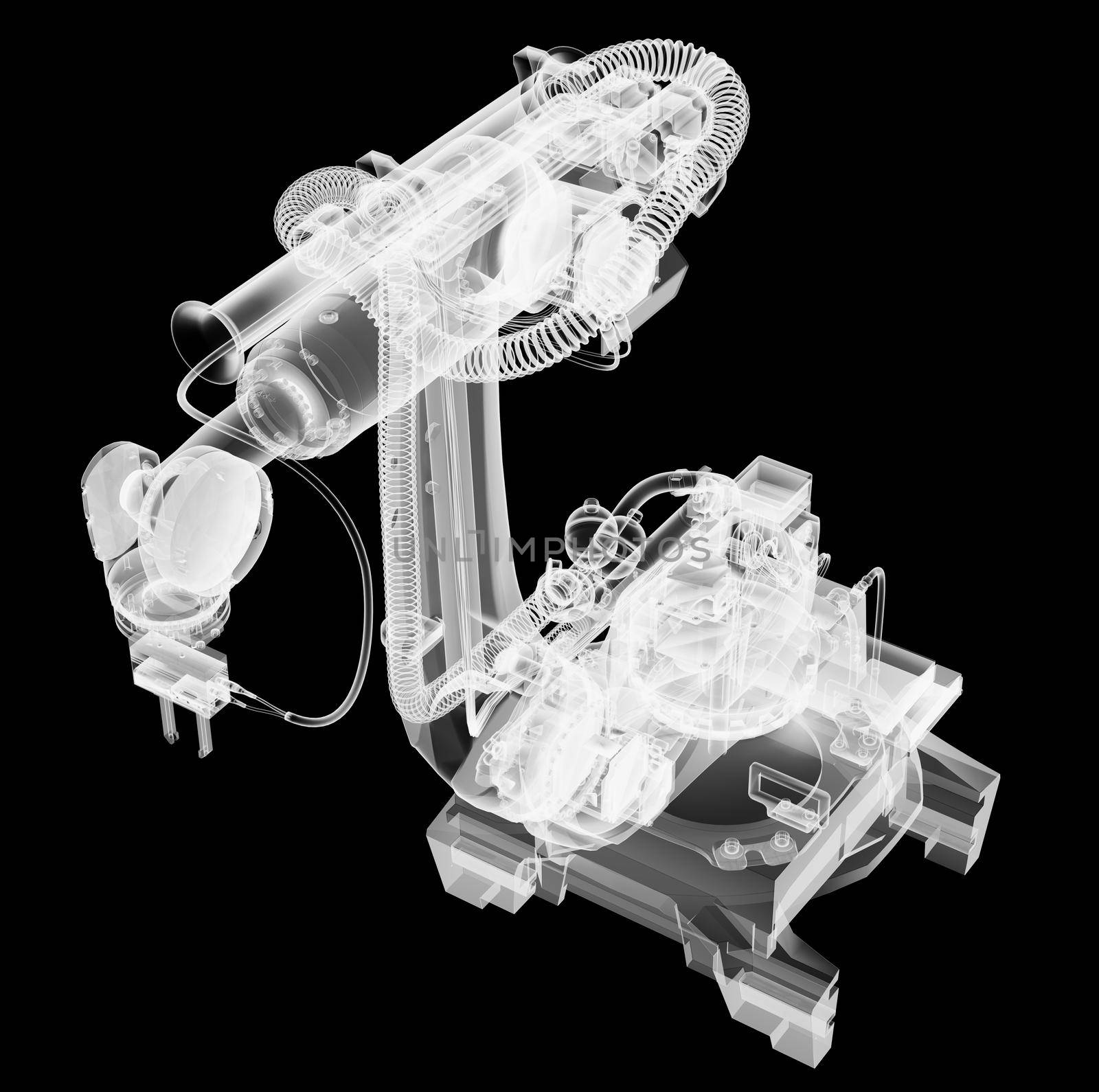 Industrial robot, x-ray transparent. 3D illustration. Non-destructive testing concept