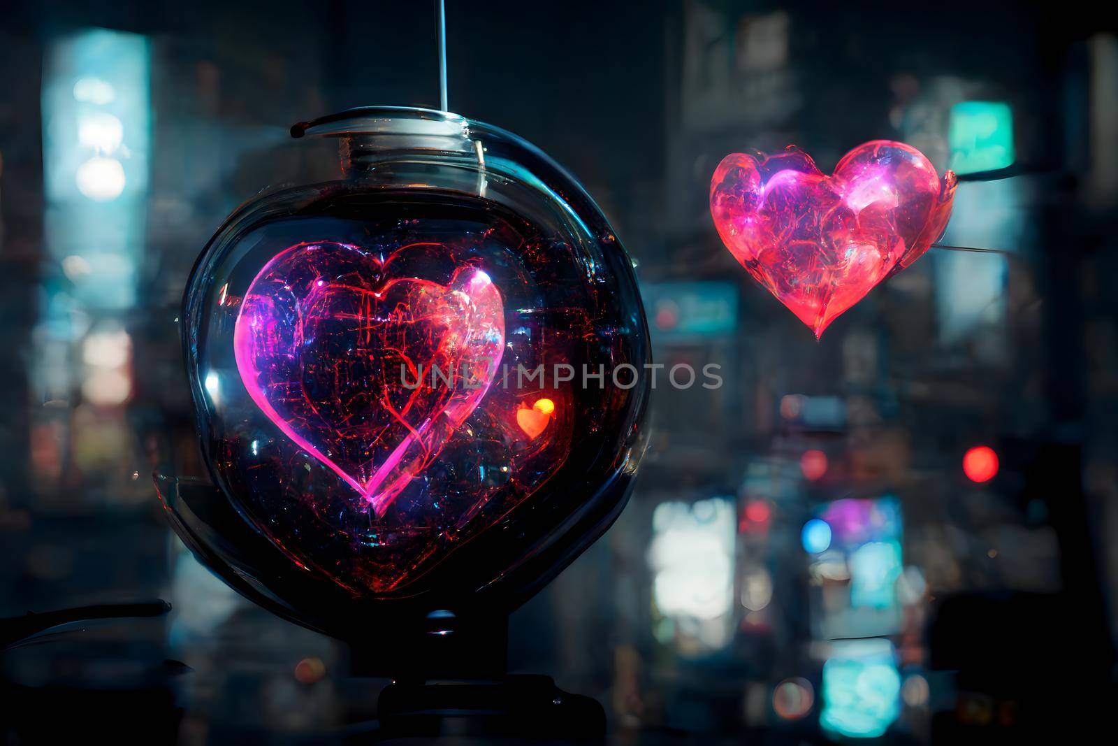 cyberpunk neon high-tech heart in night city environment, neural network generated art painting by z1b
