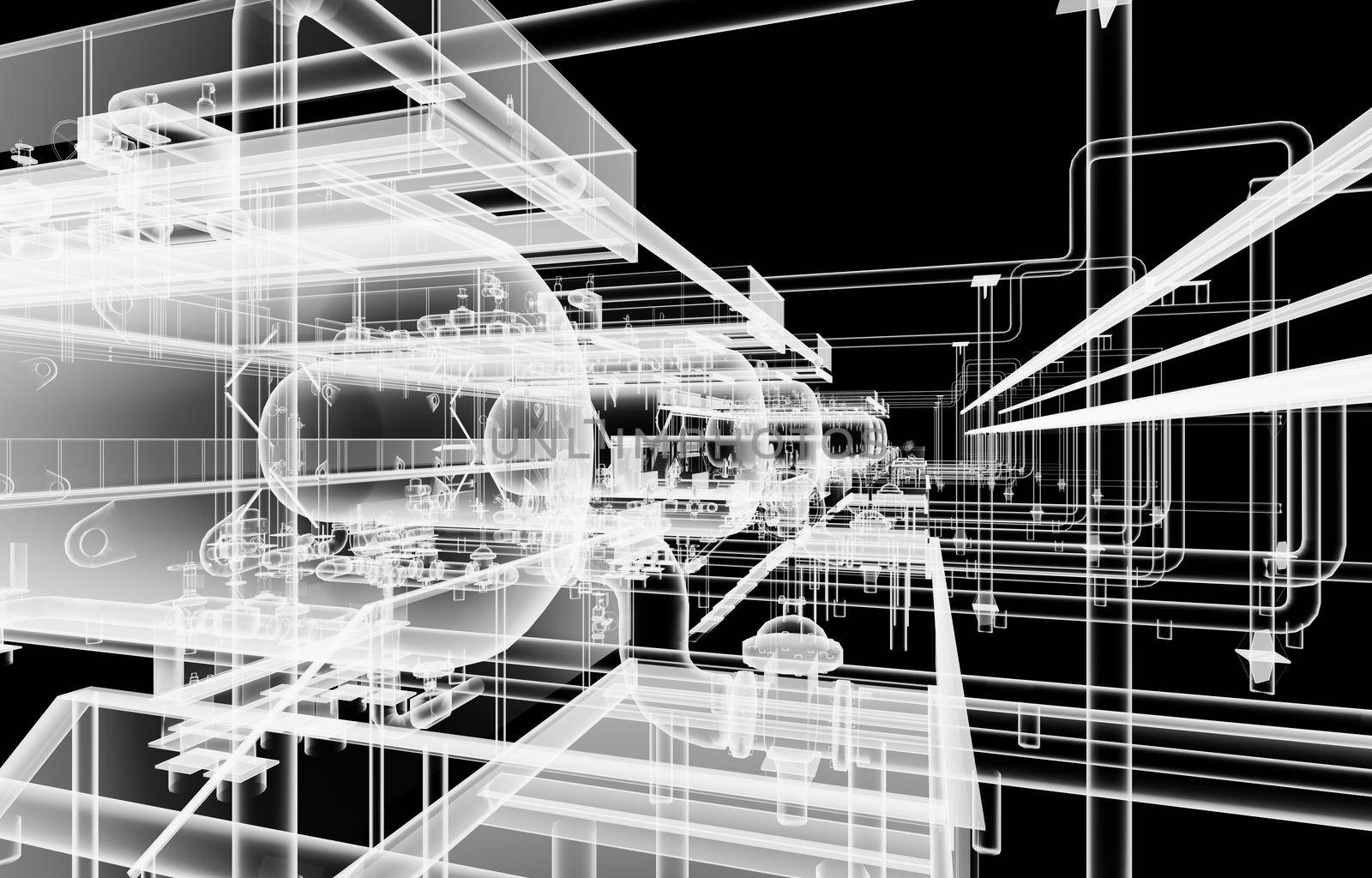 Industrial equipment. X-Ray 3d illustration on black background. Non-destructive testing concept