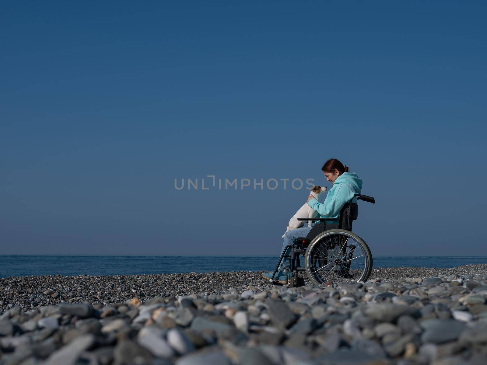 A serene Caucasian woman in a wheelchair is resting on the seashore with a jack russell terrier dog