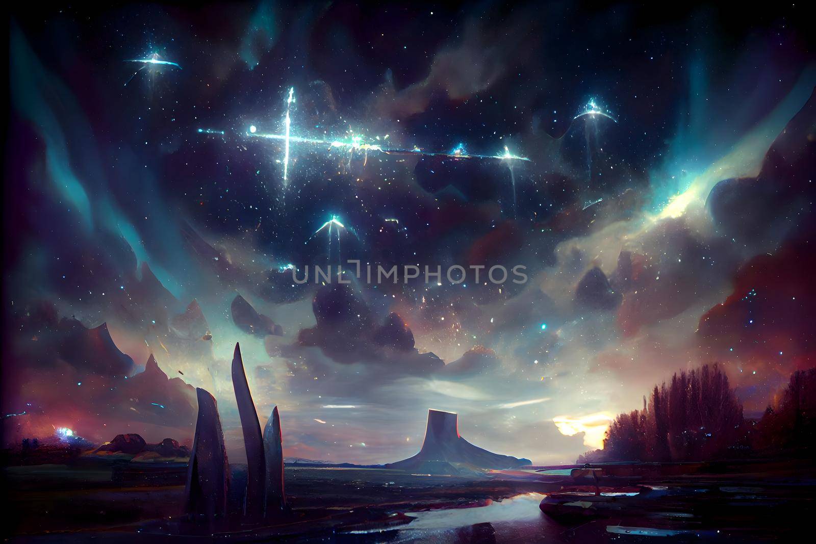 starry omen in the night in alien planet landscape, neural network generated art by z1b