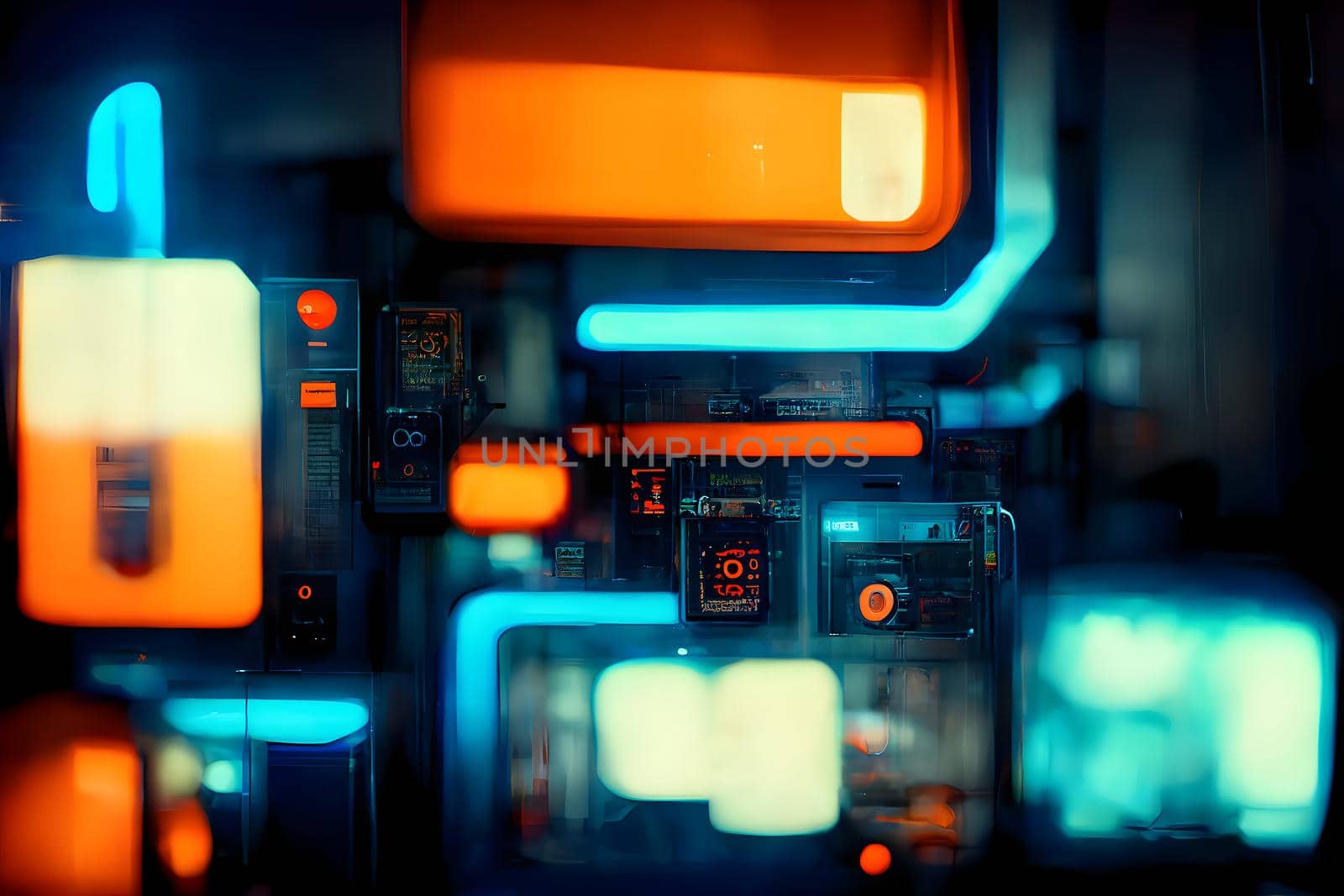abstract teal-orange hight-tech cyberpunk background, neural network generated art.