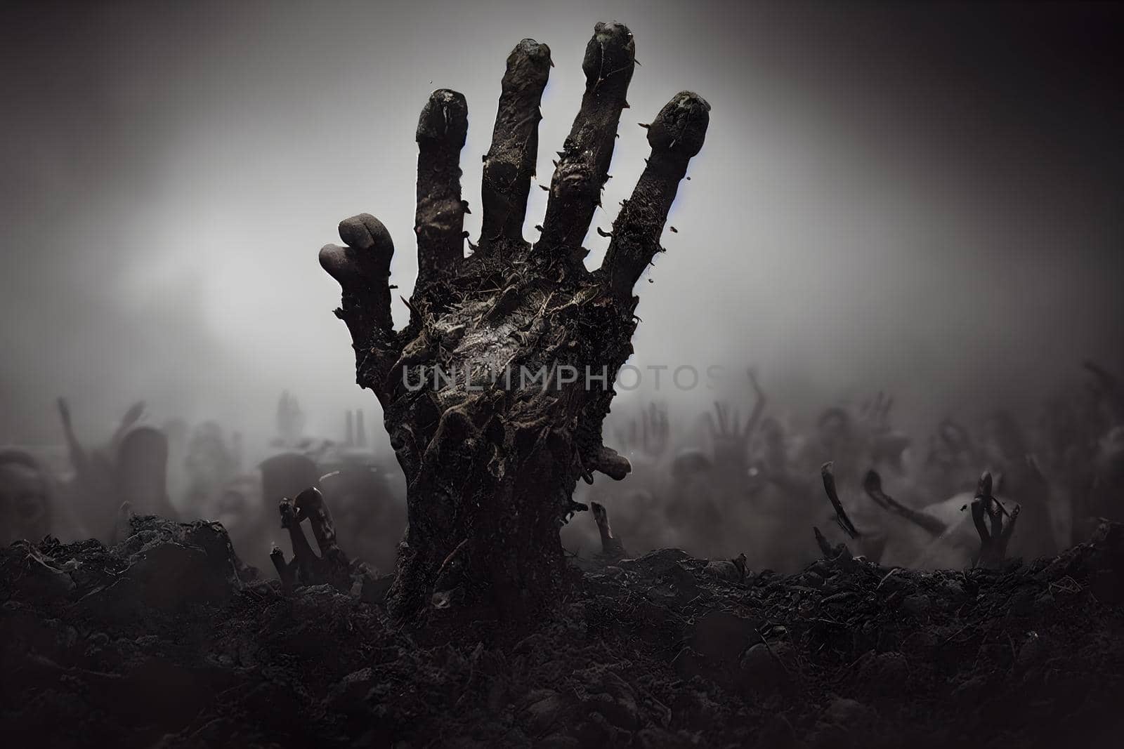 zombie hand rising up from grave in misty night graveyard, neural network generated art by z1b