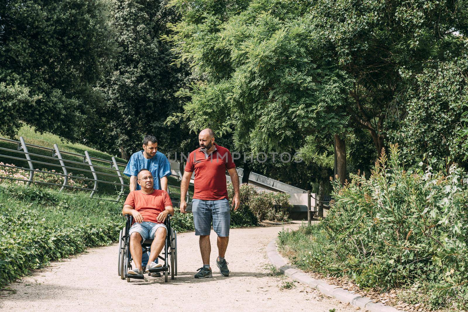 disabled man in a wheelchair walking with his caretaker and a friend at park, concept of medical care and rehabilitation of people with disabilities and reduced mobility problems