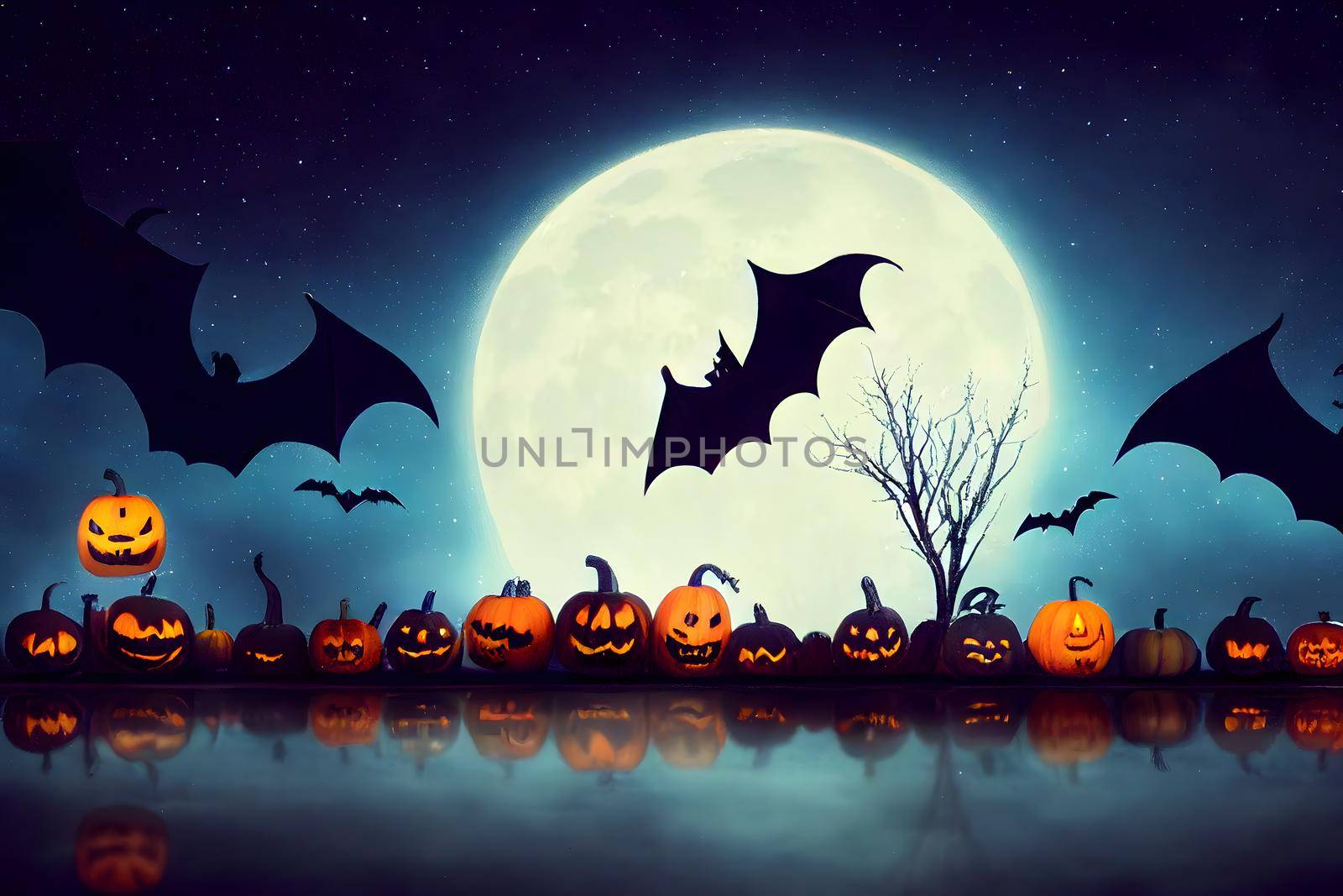 halloween background, bats, pumpkins, reflections on water, large full moon and stars at night, neural network generated art. Digitally generated image. Not based on any actual scene or pattern.