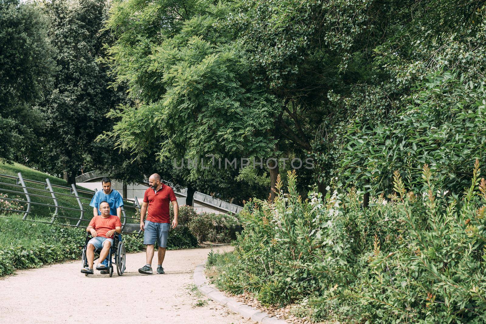 disabled man in a wheelchair walking with his nurse and a friend at park, concept of medical care and rehabilitation of people with disabilities and reduced mobility problems