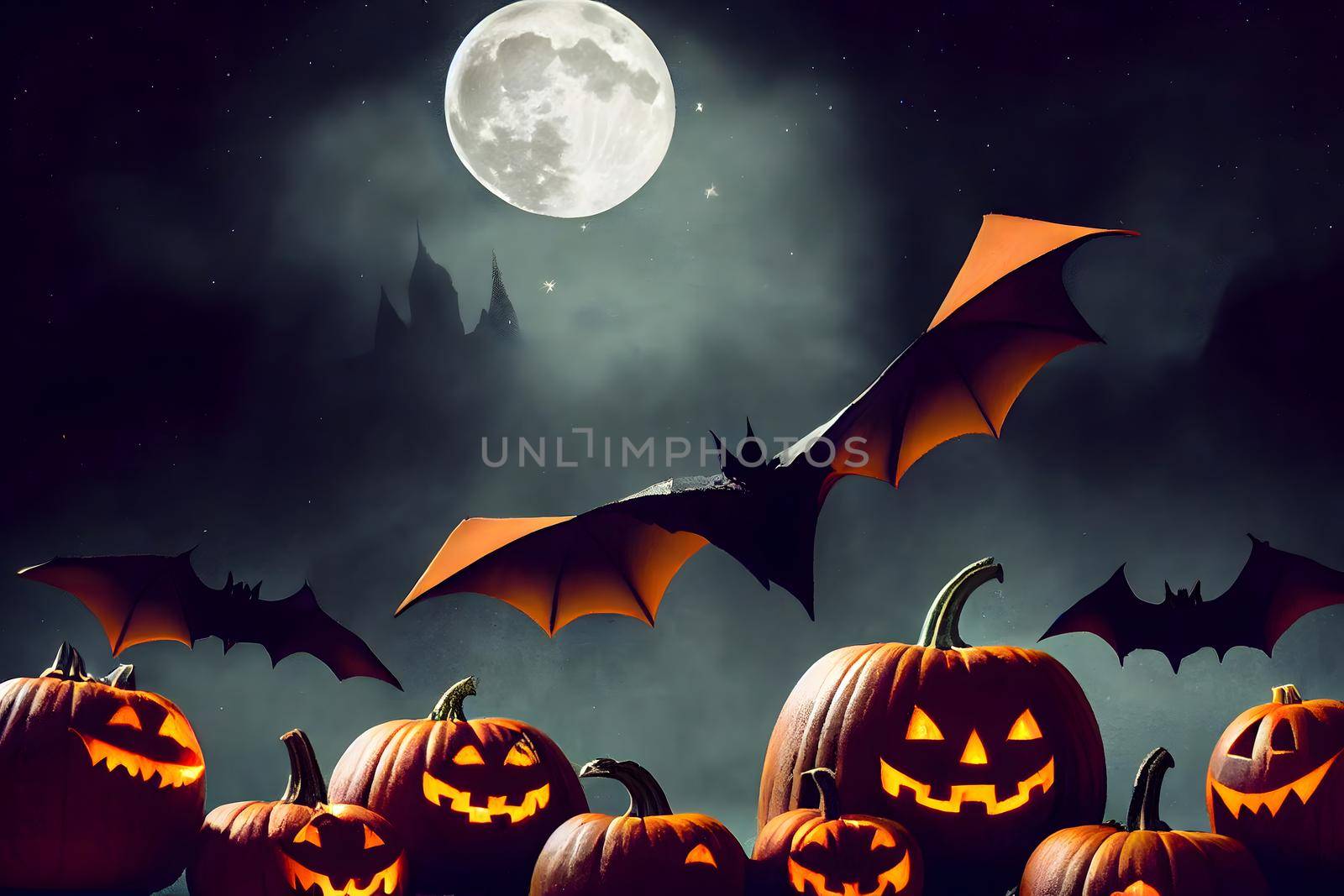 halloween aesthetic background, bats, pumpkins, full moon and stars night, neural network generated art by z1b
