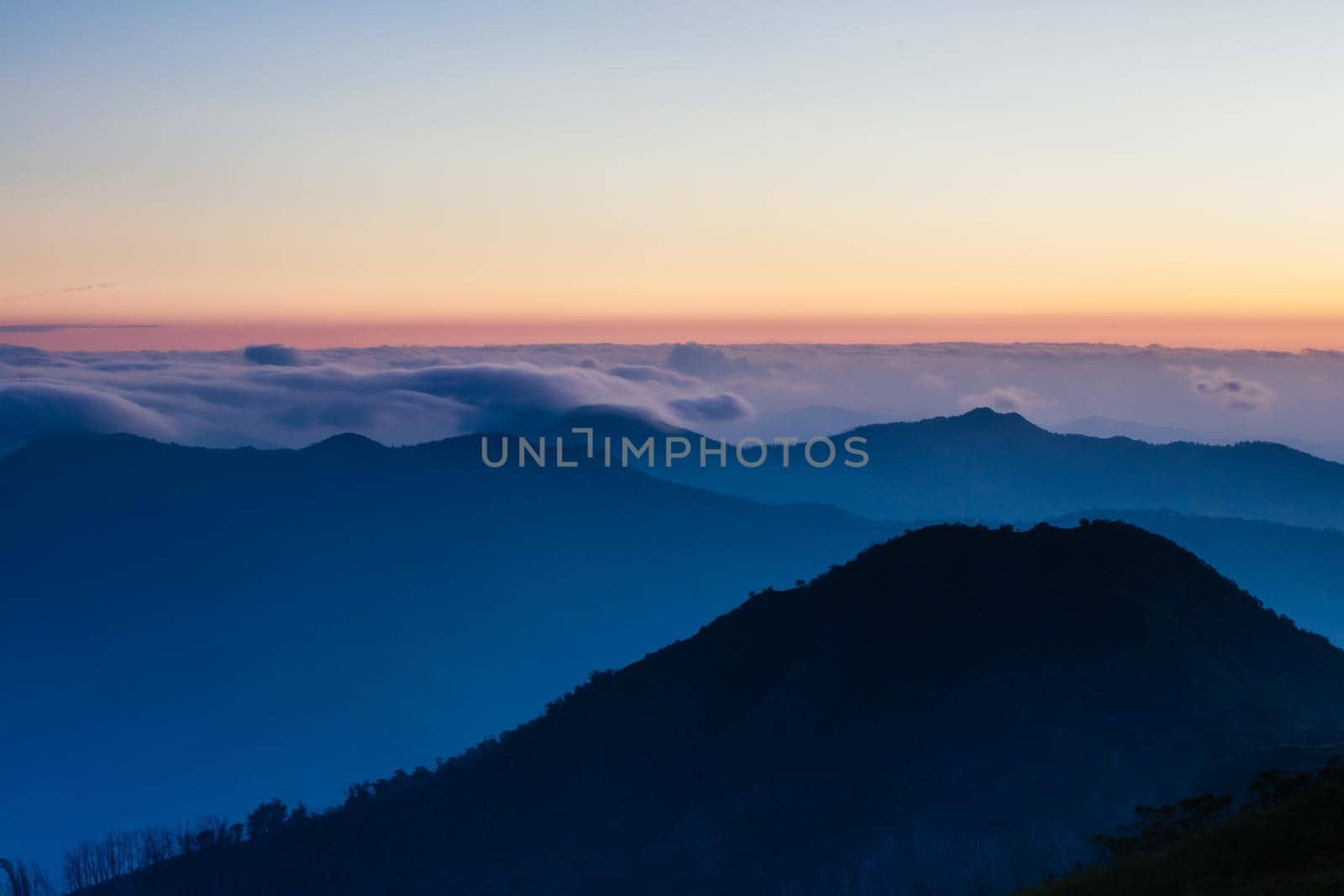 Landscape views of sunset from the summit of Mt Buller over the Victorian Alps in the Victorian High Country, Australia