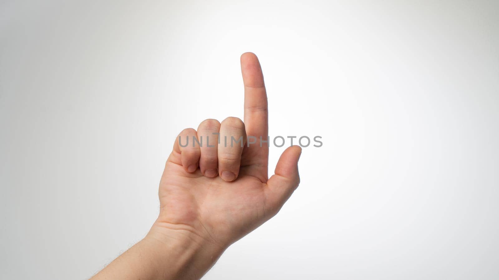 Men's hands gesture counting on fingers 1 palmar side. High quality photo