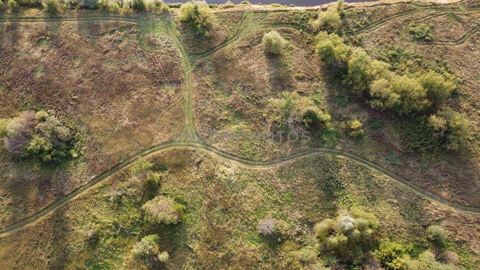 View of the land with bushes, trees and grass in autumn from a quadcopter by voktybre