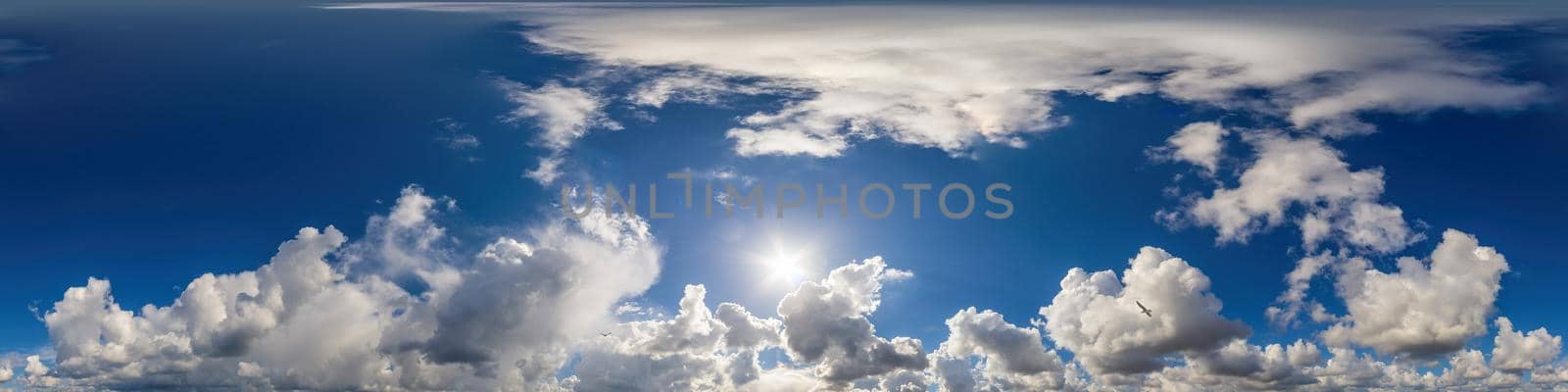 Sky panorama with Cirrus clouds in Seamless spherical equirectangular format. Full zenith for use in 3D graphics, game and editing aerial drone 360 degree panoramas for sky replacement