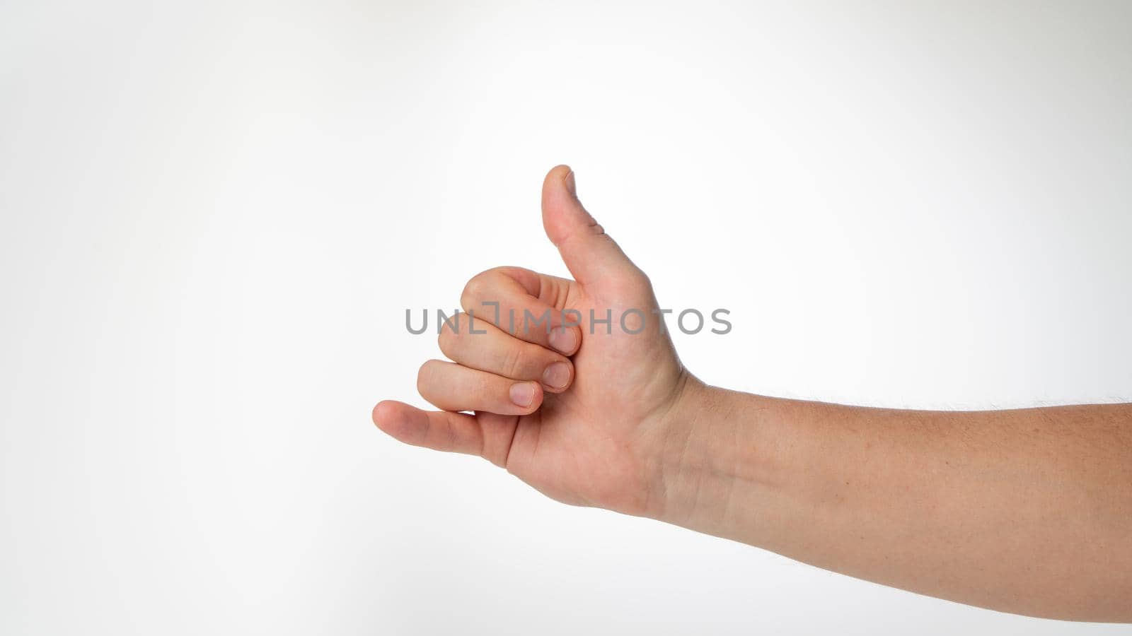 man's hand gesture greeting surfers shaka thumb and little finger protruded. High quality photo