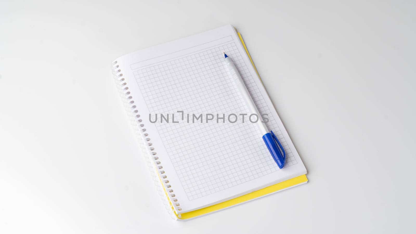 Checkered notebook with pen on white background, space for inscription by voktybre