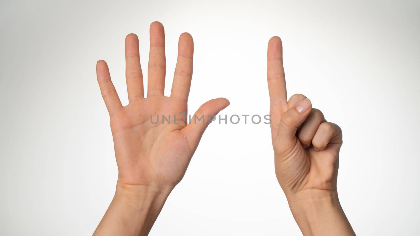 Women's hands gesture counting on fingers six palm side by voktybre