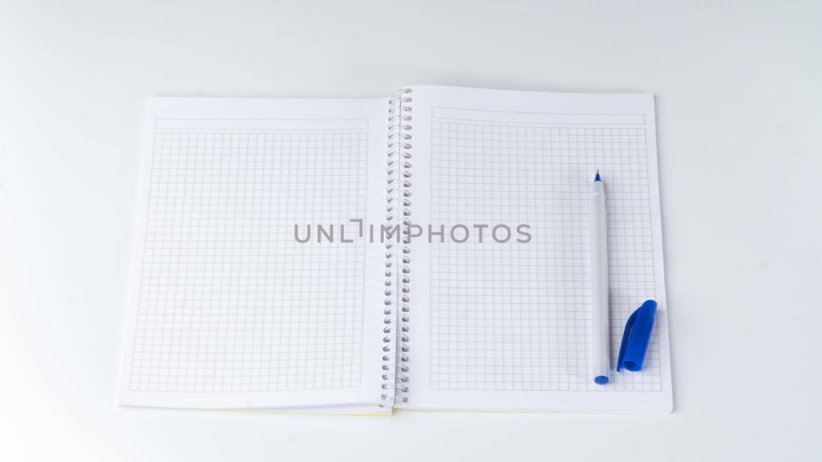 Open notebook in a cage, on the right side there is a pen with an open cap. High quality photo