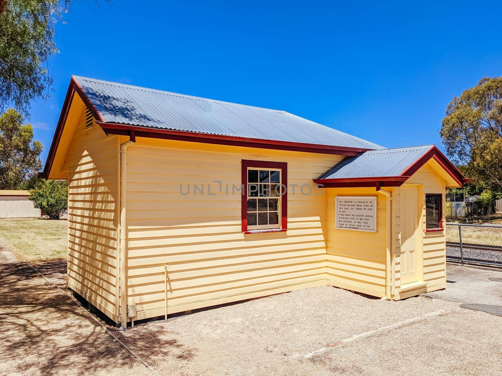 GLENROWAN, AUSTRALIA- DECEMBER 27 2021: The historic town of Glenrowan and its historic precinct, famous for its Kelly Gang history on a warm summer's day in Victoria, Australia