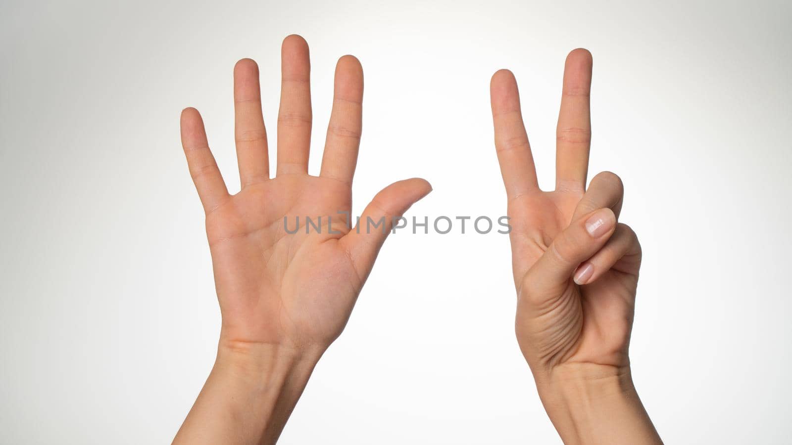 Women's hands gesture counting on fingers 7 palm side. High quality photo