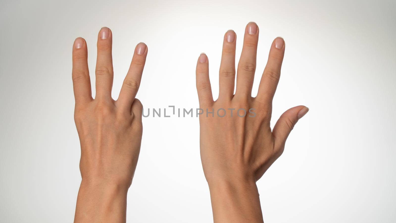 Women's hands count on fingers 8 back of palms. High quality photo