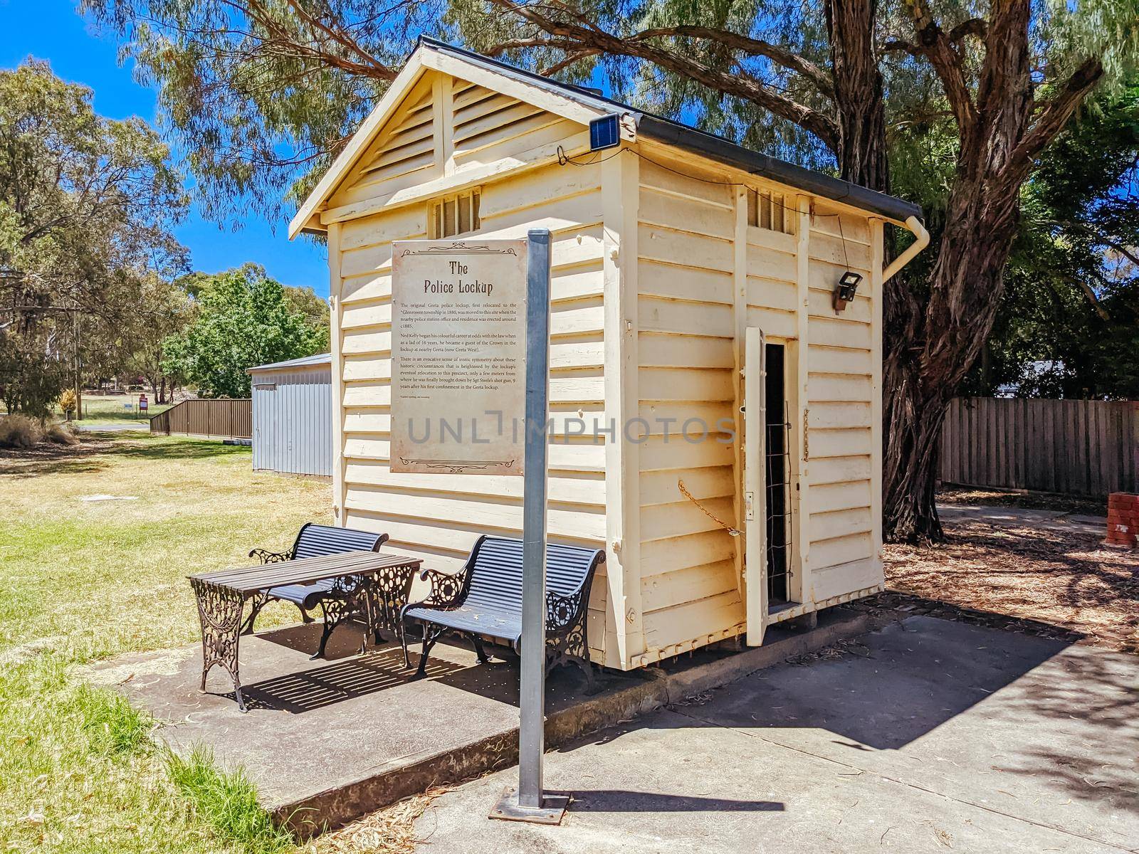 GLENROWAN, AUSTRALIA- DECEMBER 27 2021: The historic town of Glenrowan and its historic precinct, famous for its Kelly Gang history on a warm summer's day in Victoria, Australia