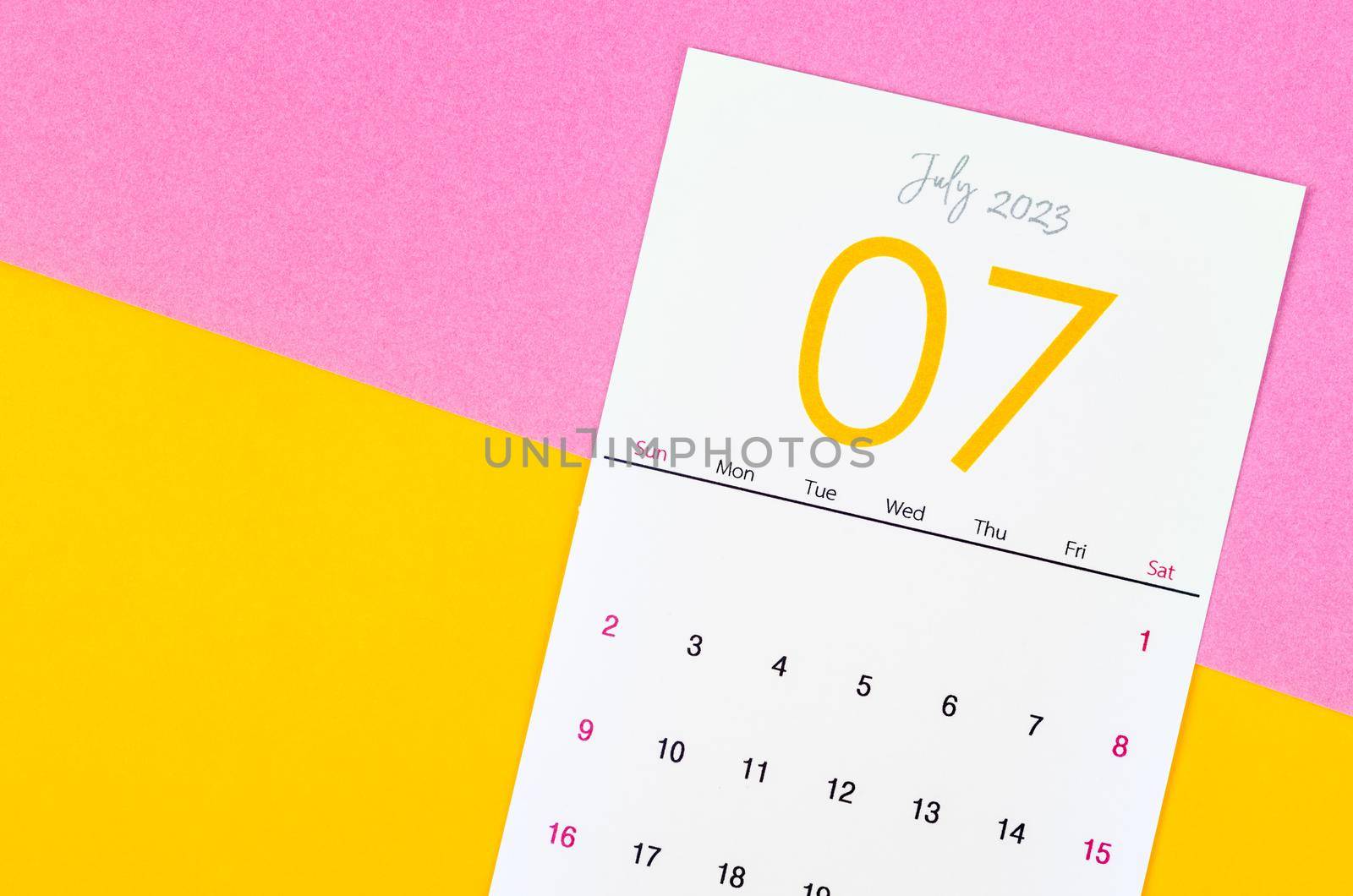 Calendar July 2023 on beautiful background.