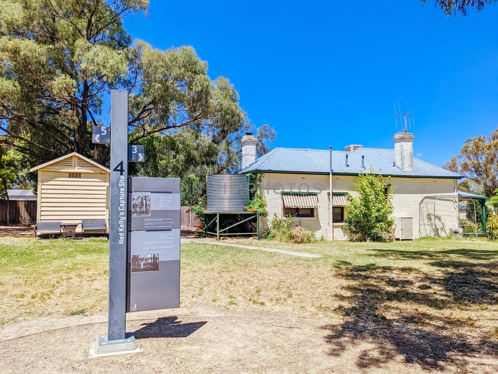 GLENROWAN, AUSTRALIA- DECEMBER 27 2021: The historic town of Glenrowan and its historic precinct, famous for its Kelly Gang history on a warm summer's day in Victoria, Australia