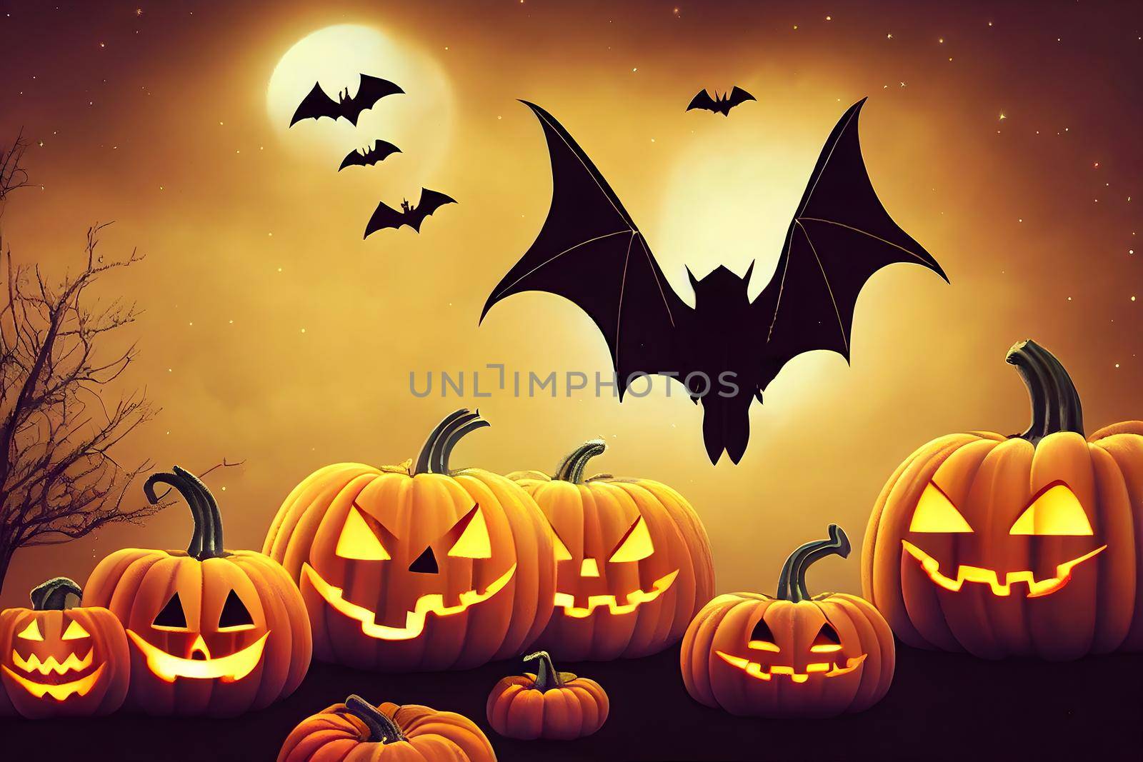 halloween background, bats, pumpkins, full moon and stars at night, neural network generated art. Digitally generated image. Not based on any actual scene or pattern.