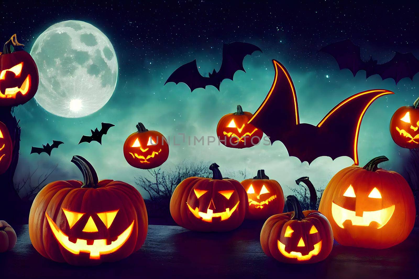 halloween background, bats, pumpkins, full moon and stars at night, neural network generated art. Digitally generated image. Not based on any actual scene or pattern.