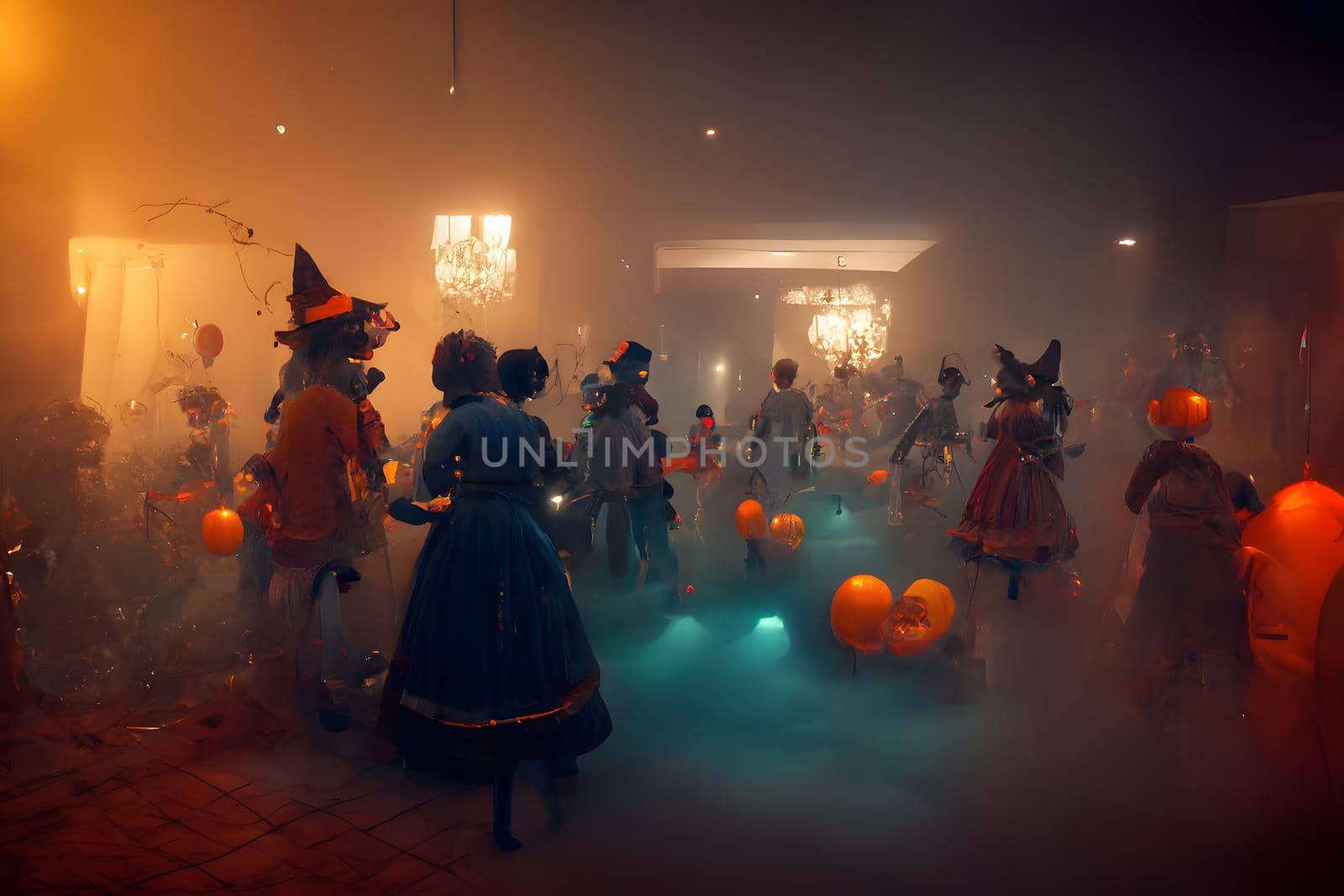 halloween decorated home costumed party in interior with smoke or fog, neural network generated art. Digitally generated image. Not based on any actual scene or pattern.