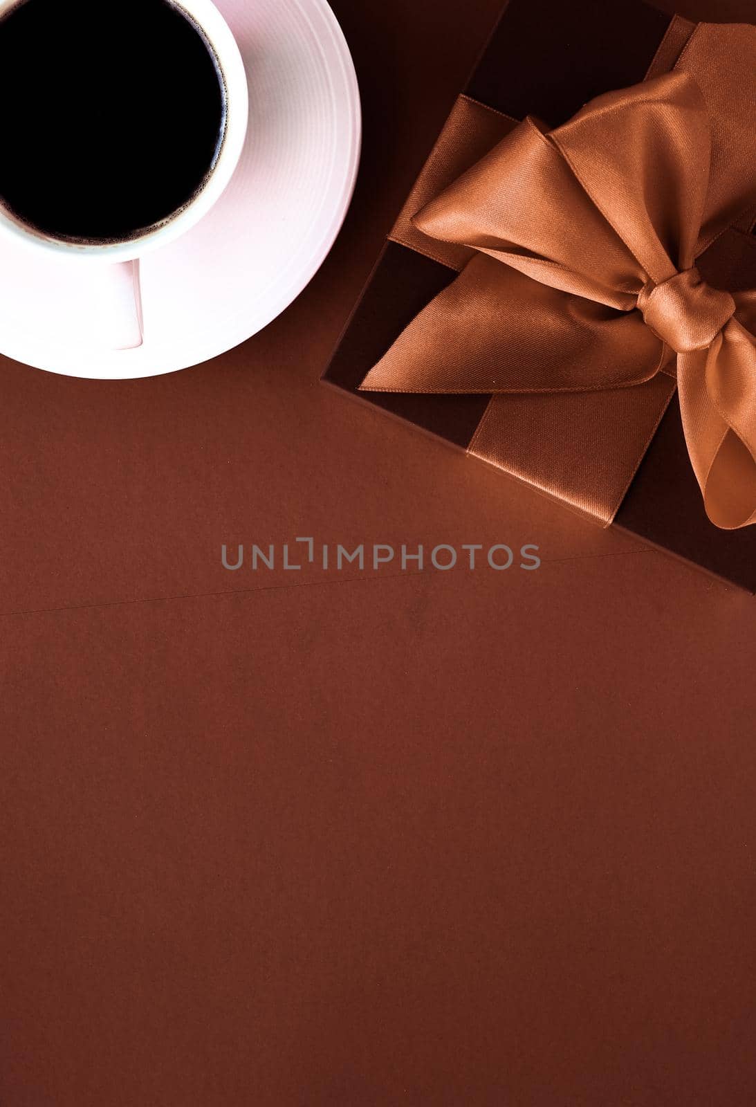 Romantic present, cafe backdrop and drink concept - Coffee cup and luxury gift box flatlay background