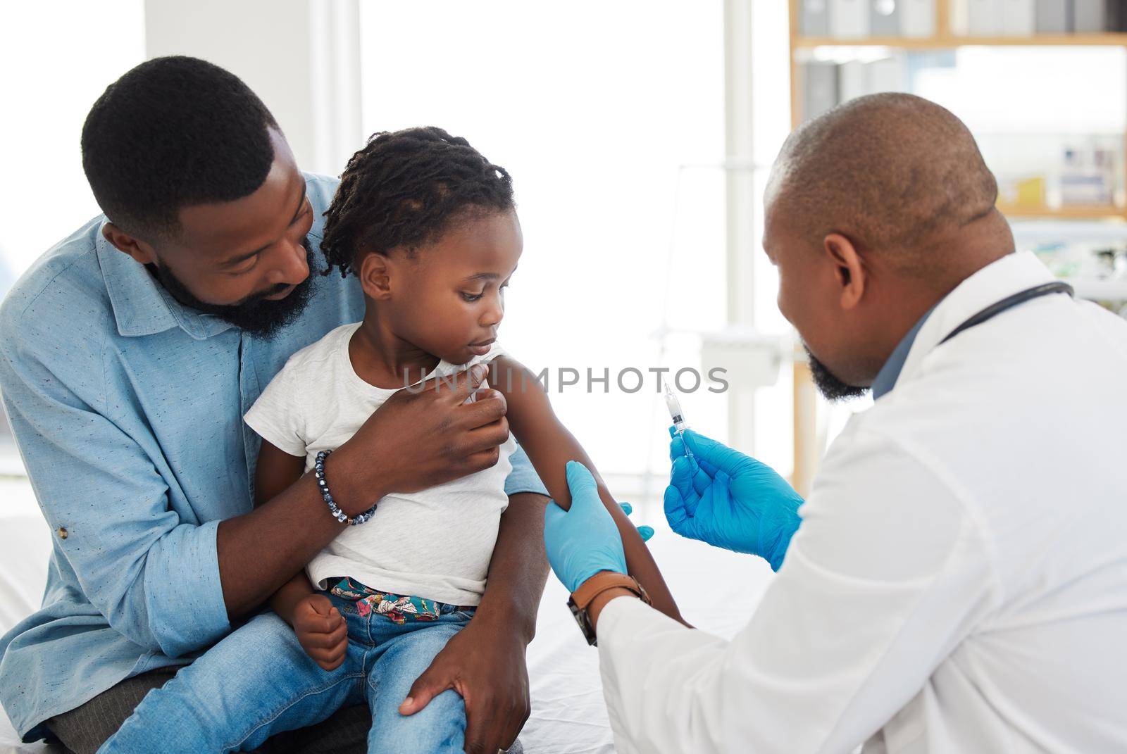 Healthcare, covid vaccine and doctor with kid, patient and father holding baby for shot in hospital. Girl, children and family clinic medical nurse with needle for virus and flu. by YuriArcurs