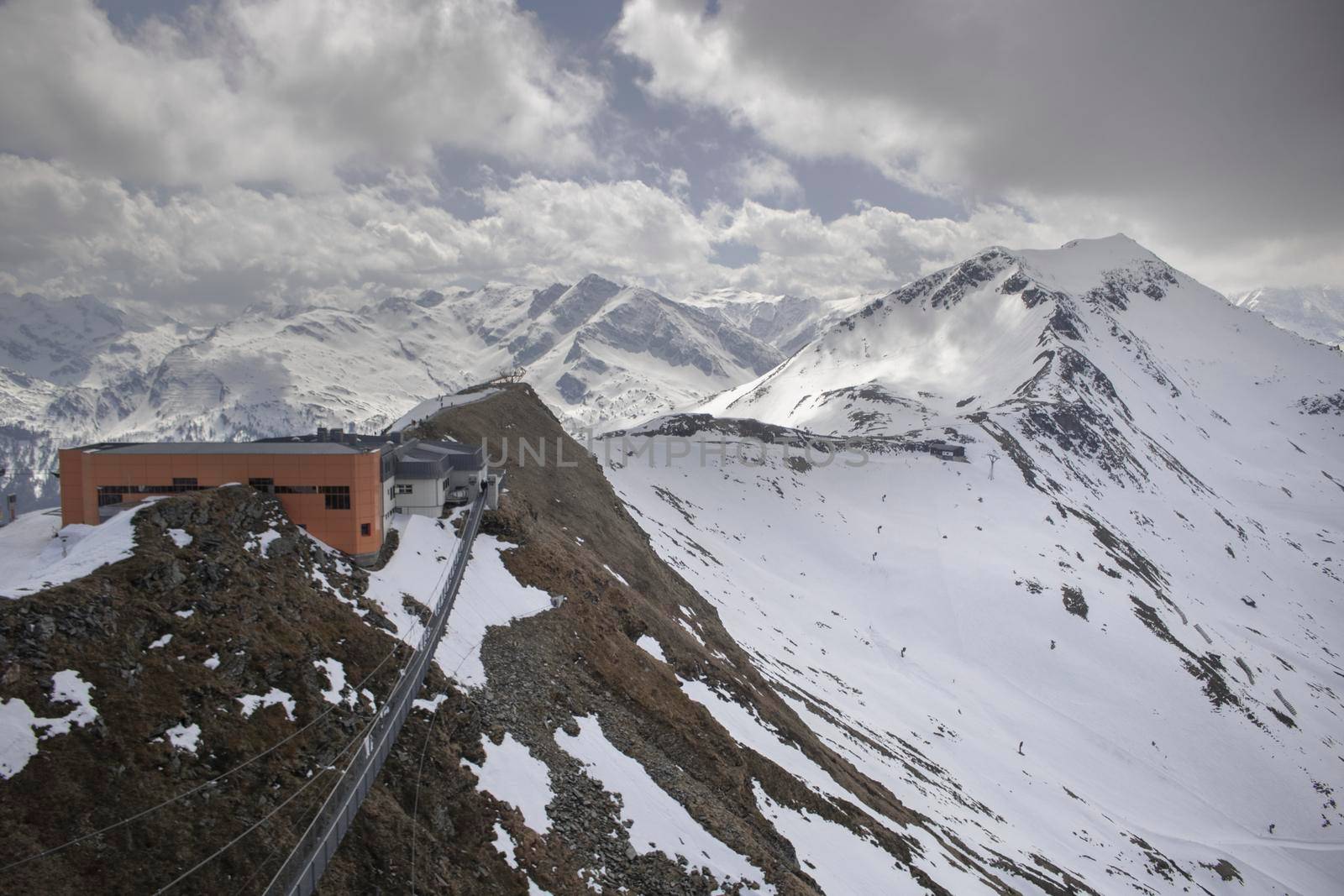 Landscape showing ski slopes and a rope bridge in Bad Gastein in Austria