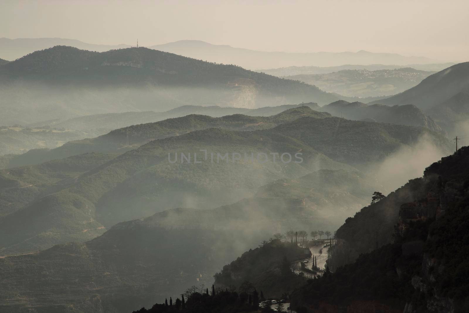 Misty morning view from Montserrat mountain
