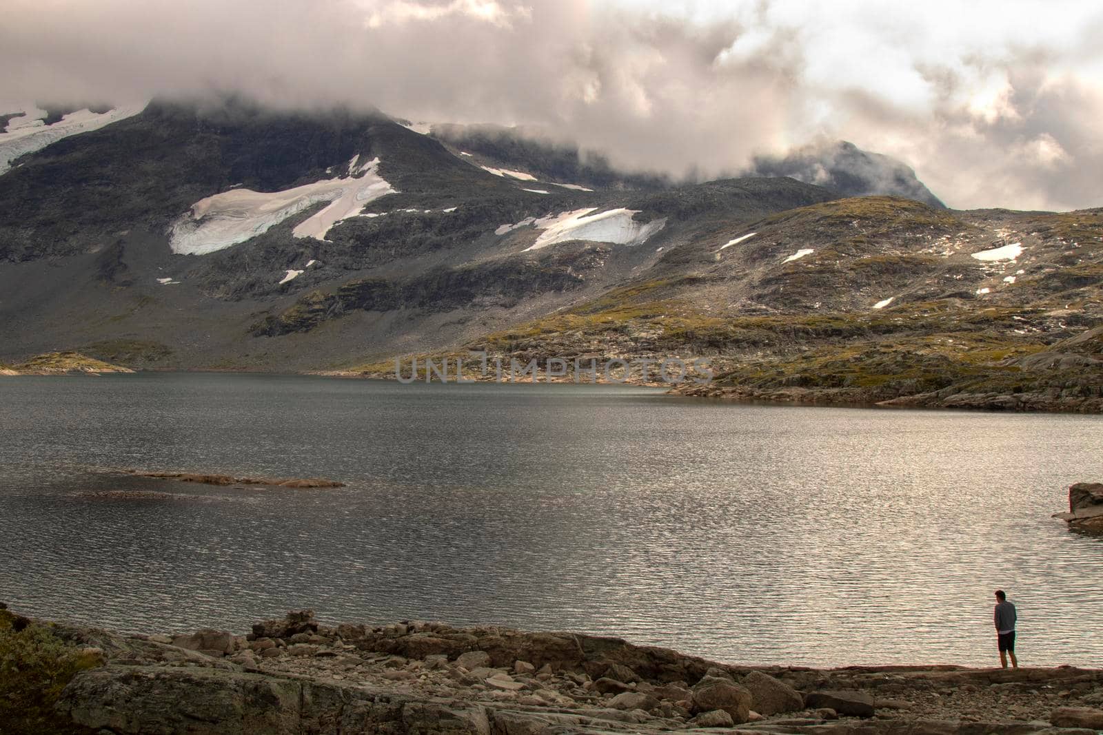 A landscape including snowy mountains and a lake in route 55 in Norway