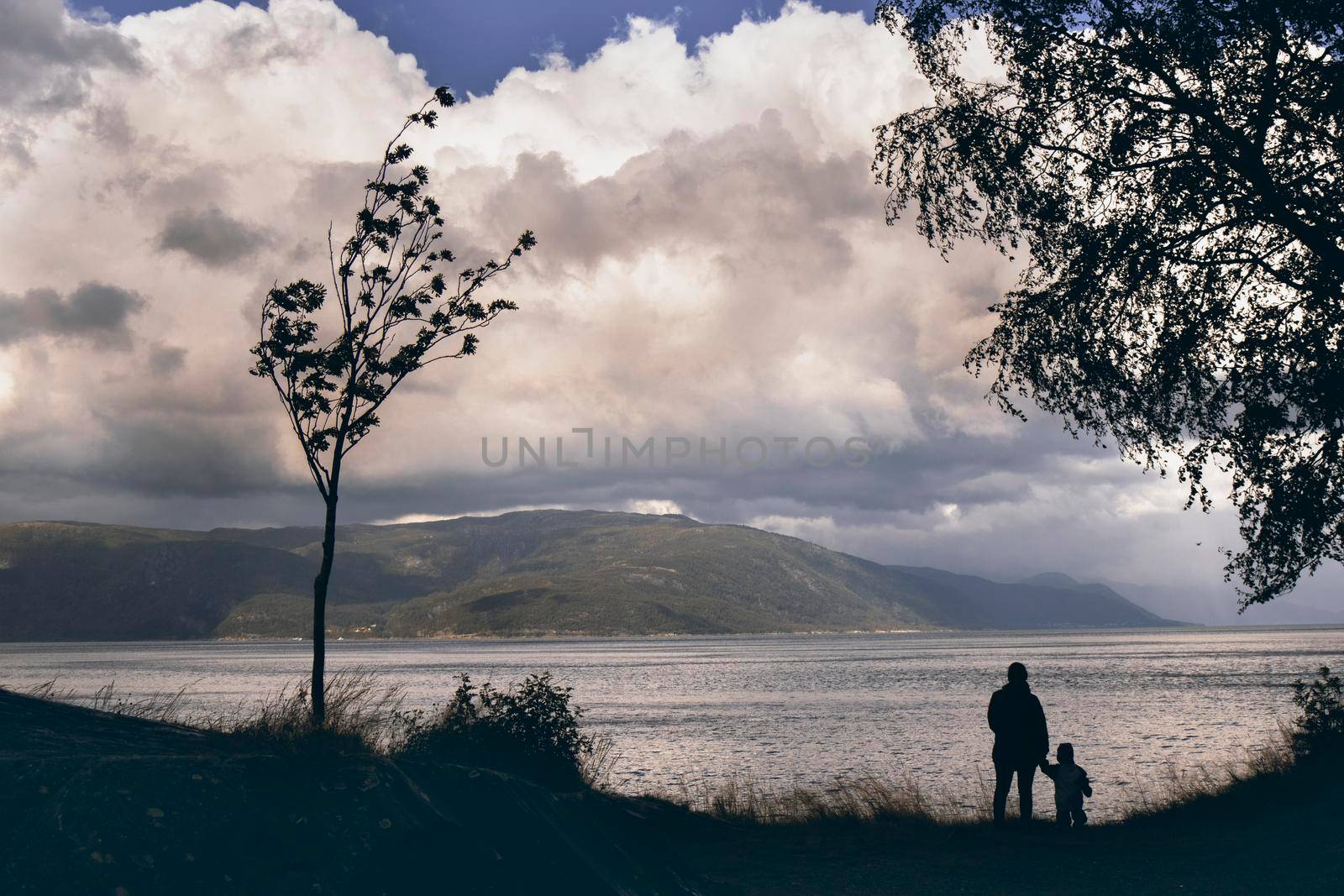 Silhouettes of a mother and her son looking at a fjord in Norway