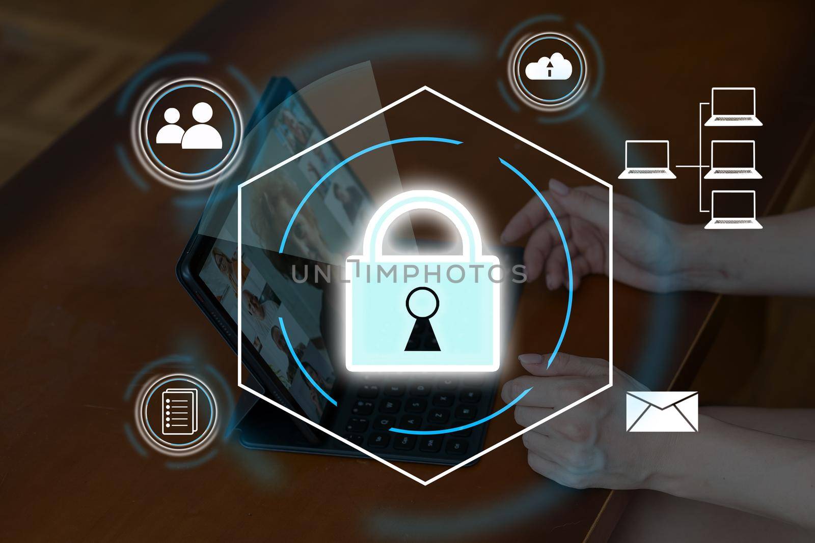 cybersecurity concept Global network security technology, business people protect personal information. Encryption with a key icon on the virtual interface by Andelov13