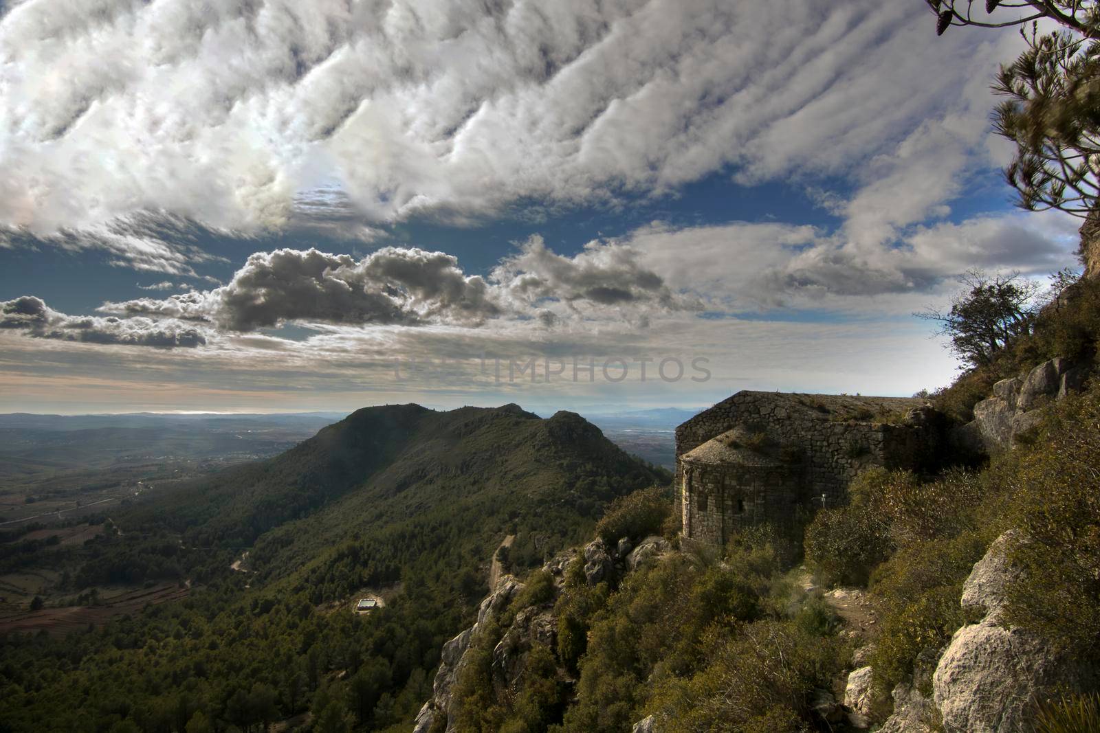 Montmell mountain and an old abandoned church landscape in Penedes area in Barcelona