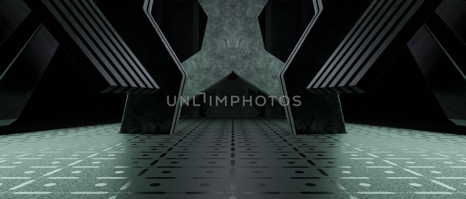 Futuristic Light Shapes On Black Background And Reflective Concrete With Empty Space For Text Charcoal Banner Background Wallpaper 3D Rendering