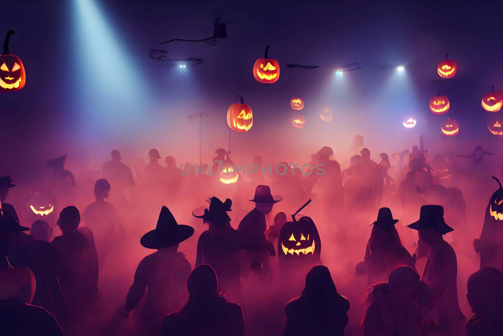 massive halloween party with many unrecognizable costumed people dancing in foggy environment, neural network generated image. by z1b