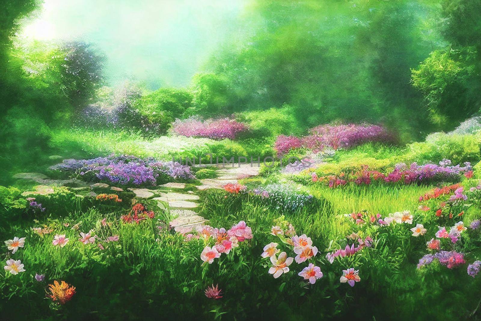 3D render digital painting of garden with flowers and trees, Floral HD wallpaper 3D illustration
