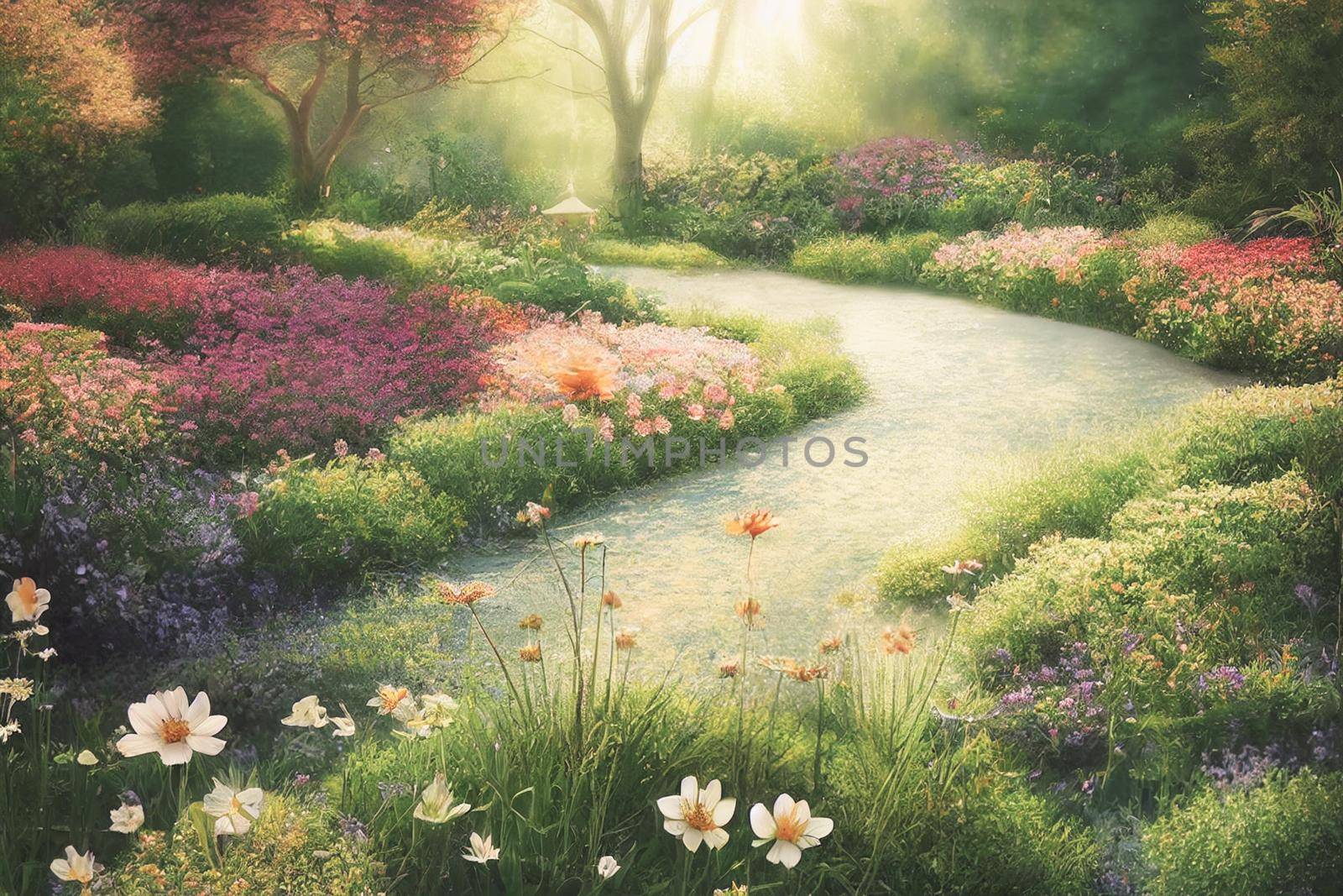 3D render digital painting of garden with flowers and trees, Floral HD wallpaper 3D illustration